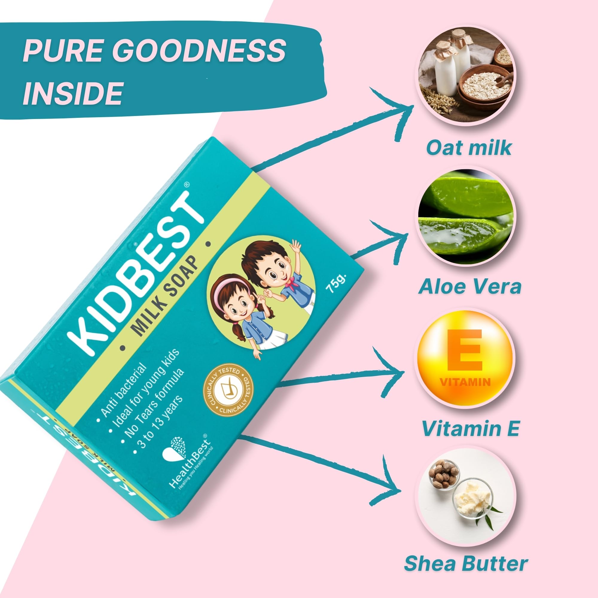 HealthBest Kidbest - Jabón de leche para niños, antibacteriano, para piel normal, sensible y seca, sin irritación, 3 unidades