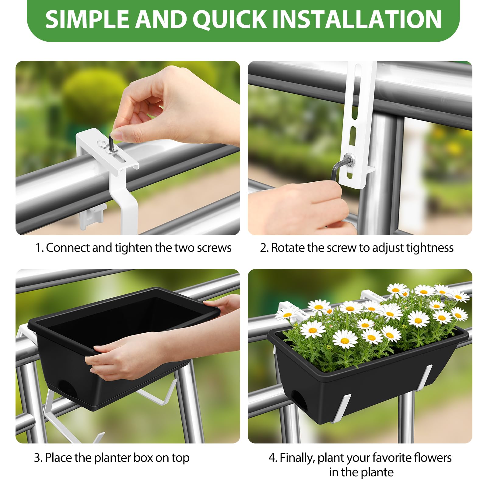 OYEAL Confezione da 4 fioriere per esterni, 43 cm, in plastica, con staffe regolabili, fioriere da appendere alla finestra, fioriere per piante da giardino, recinzione, patio, balcone, nero e bianco