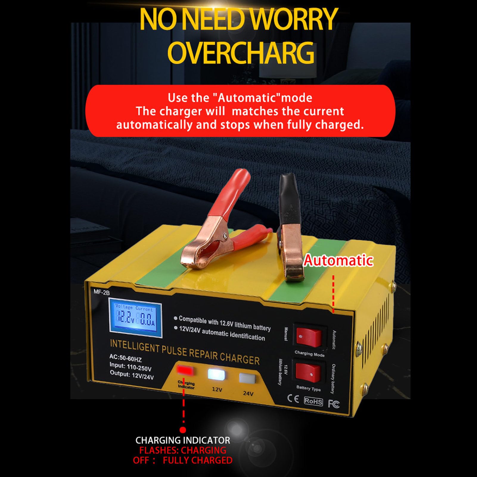 Jeffergarden Caricabatteria per Auto 12V 24V 180W Caricatore Intelligente Automatico con Ricarica di Mantenimento per Mantenitore di Batteria per Moto SUV per Camion per Auto (Spina europea)