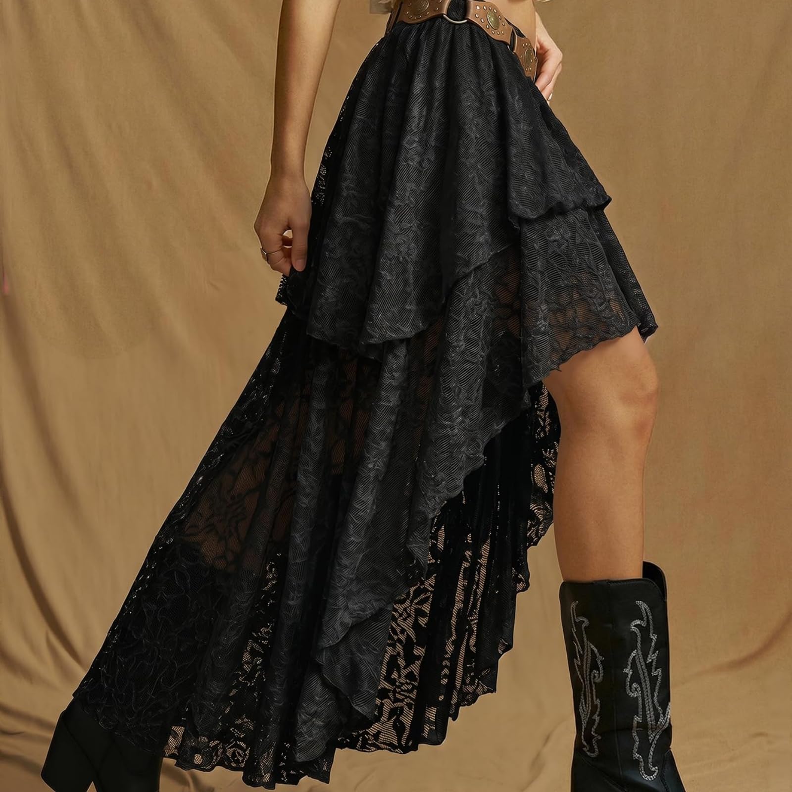 Générique Jupe Longue à Volants en Dentelle et Tulle superposés pour Femme, Coupe trapèze, Style bohème, Ourlet Tendance, idéale pour Les Sorties. (Black,S)