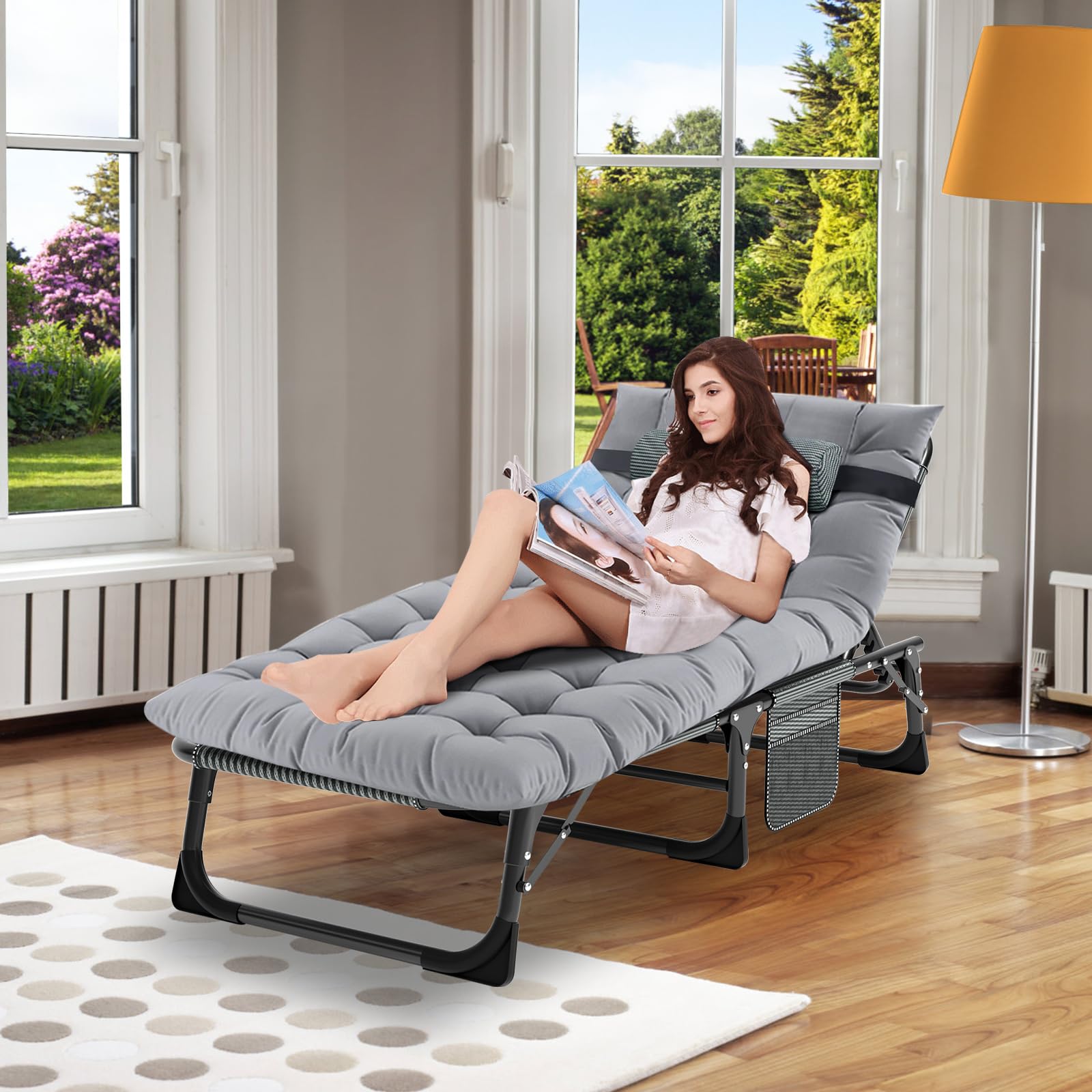 MOPHOTO Lettino prendisole pieghevole per giardino con materasso, schienale e gambe regolabili, portatile, per interni ed esterni, sedia a sdraio pieghevole per abbronzatura al sole, perfetta per