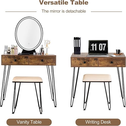 Miniatura 4 de KOTEK Juego de mesa de tocador con espejo iluminado, escritorio de maquillaje con taburete acolchado, espejo regulable de pantalla táctil de 3