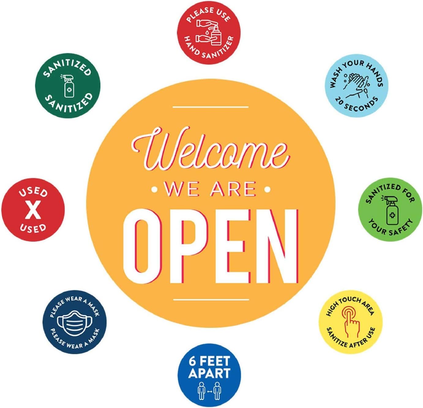 Andaz Press Temporary Store Office Hours for Social Distancing Welcome, We are Open Business Signs, 50 Labels, 10-Pack 8" Round Labels + 40-Pack 2" Circle Vinyl Sticker Decals