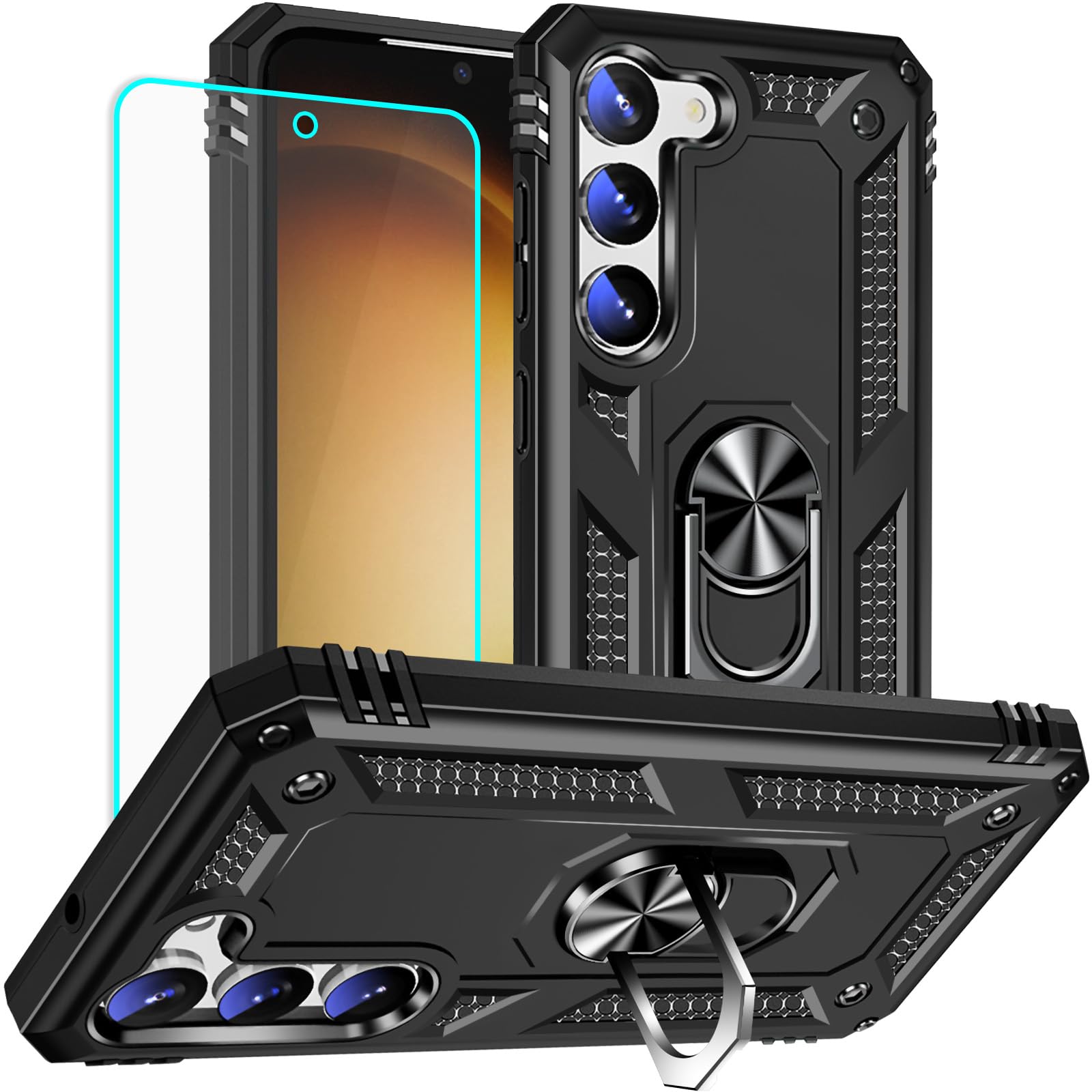 Yiakeng for Samsung Galaxy S23 Case with Screen Protector:[Military Grade Drop Tested] Ring Holder Kickstand Shockproof Anti-Slip Protective Phone Case for Galaxy S23 -Black
