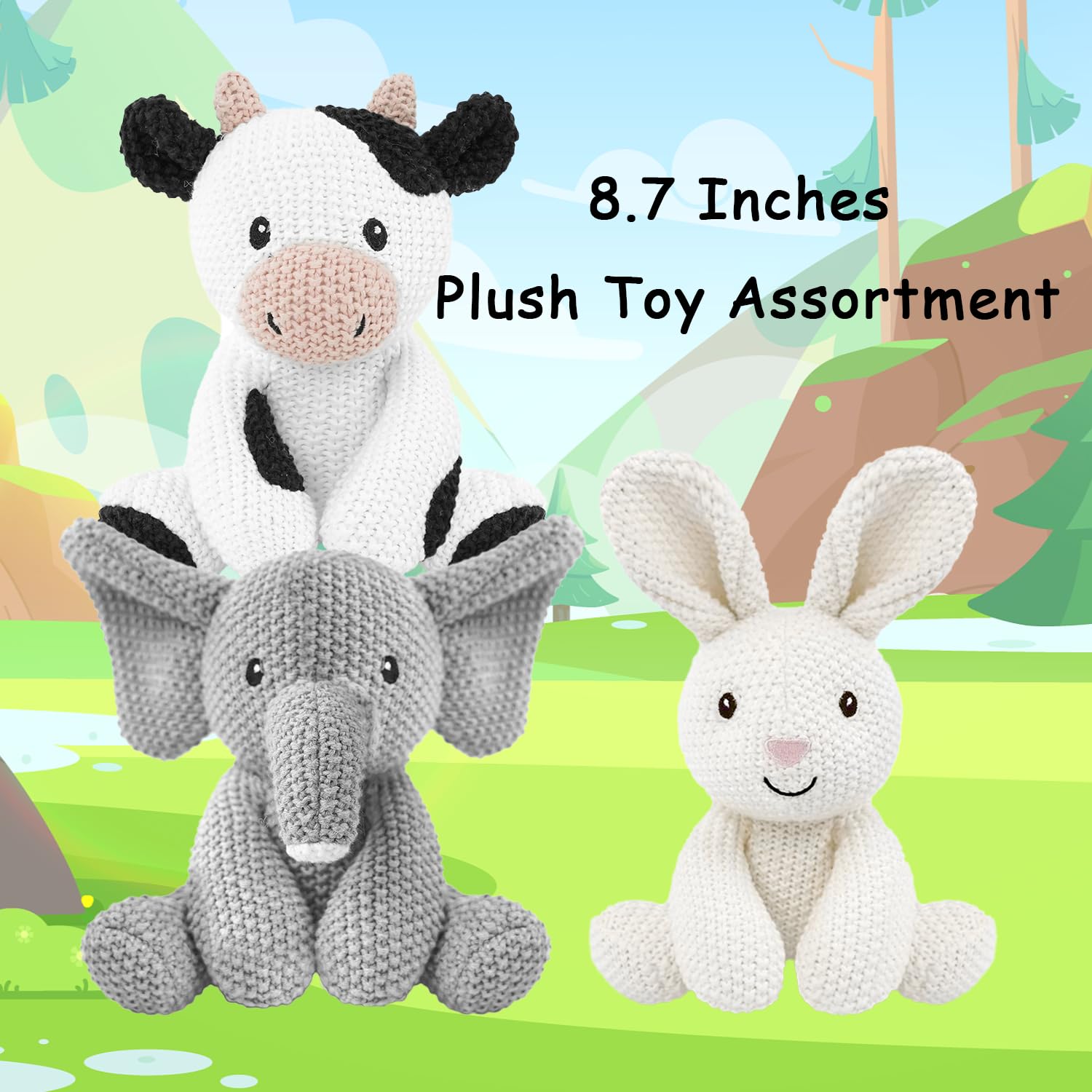 Set di 3 giocattoli di peluche per bambini, 20,3 cm, con coniglio all'uncinetto in peluche, elefante, mucca di cotone, regalo per ragazze, ragazzi e bambini, Natale