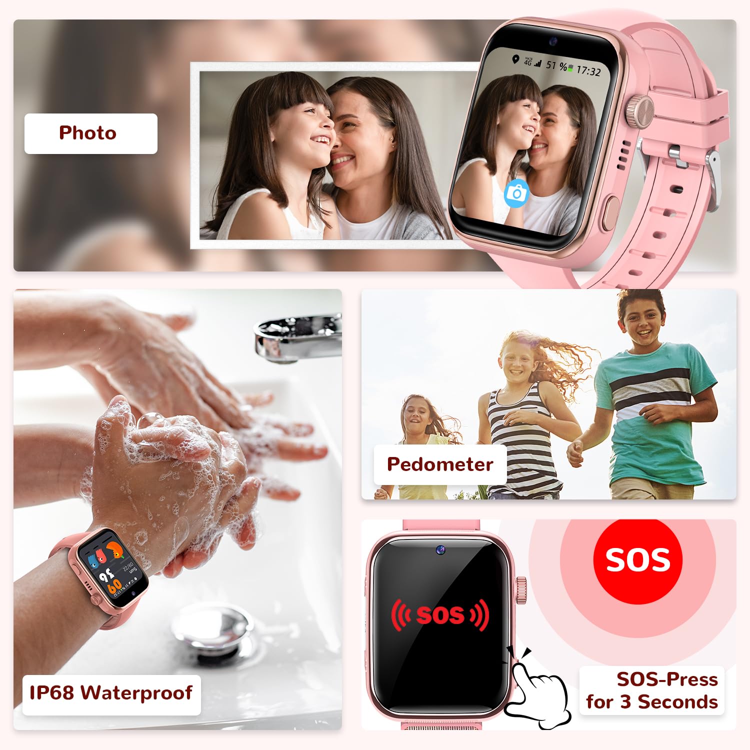4G Children's Smartwatch, Smartwatch Children with GPS and Calls, Video Calls, Voice Chat, SMS, WhatsApp, SIM, SOS, School Mode, WiFi, Locator, Pedometer IP68 Watch Boy and Girls Pink Gift — view 3