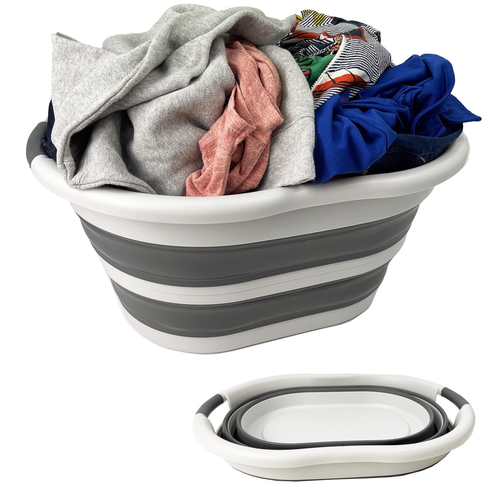 SAMMART 36L (9.5 Gallon) Collapsible Plastic Laundry Basket - Oval Tub/Basket - Foldable Storage Container/Organizer - Portable Washing Tub - Space Saving Laundry Hamper (1, Grey/Steel Grey)
