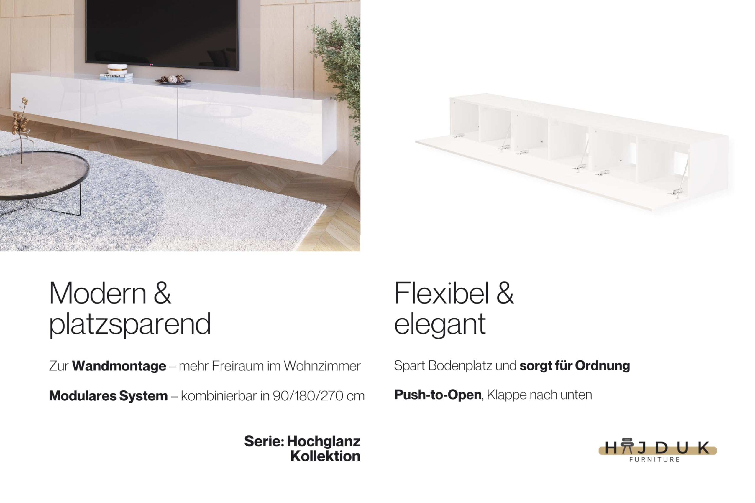 Lowboard Hängend Hochglanz Weiß 270 cm TV Unterschrank Push to Open Griffloses Fernsehtisch für Fernseher bis 85 Zoll Wohnzimmer 270x35x40 cm Wohnwand Modern