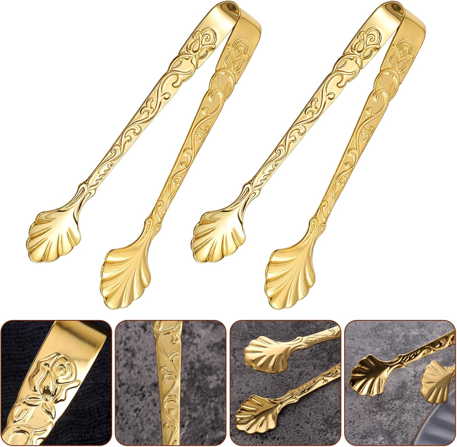 2Pcs Mini Serving Tongs,Gold Sugar Cube Tongs, 3.74 In Ice Tong for Large Ice Cubes, for Bar, Desserts, Tea, Coffee Party and Appetizers