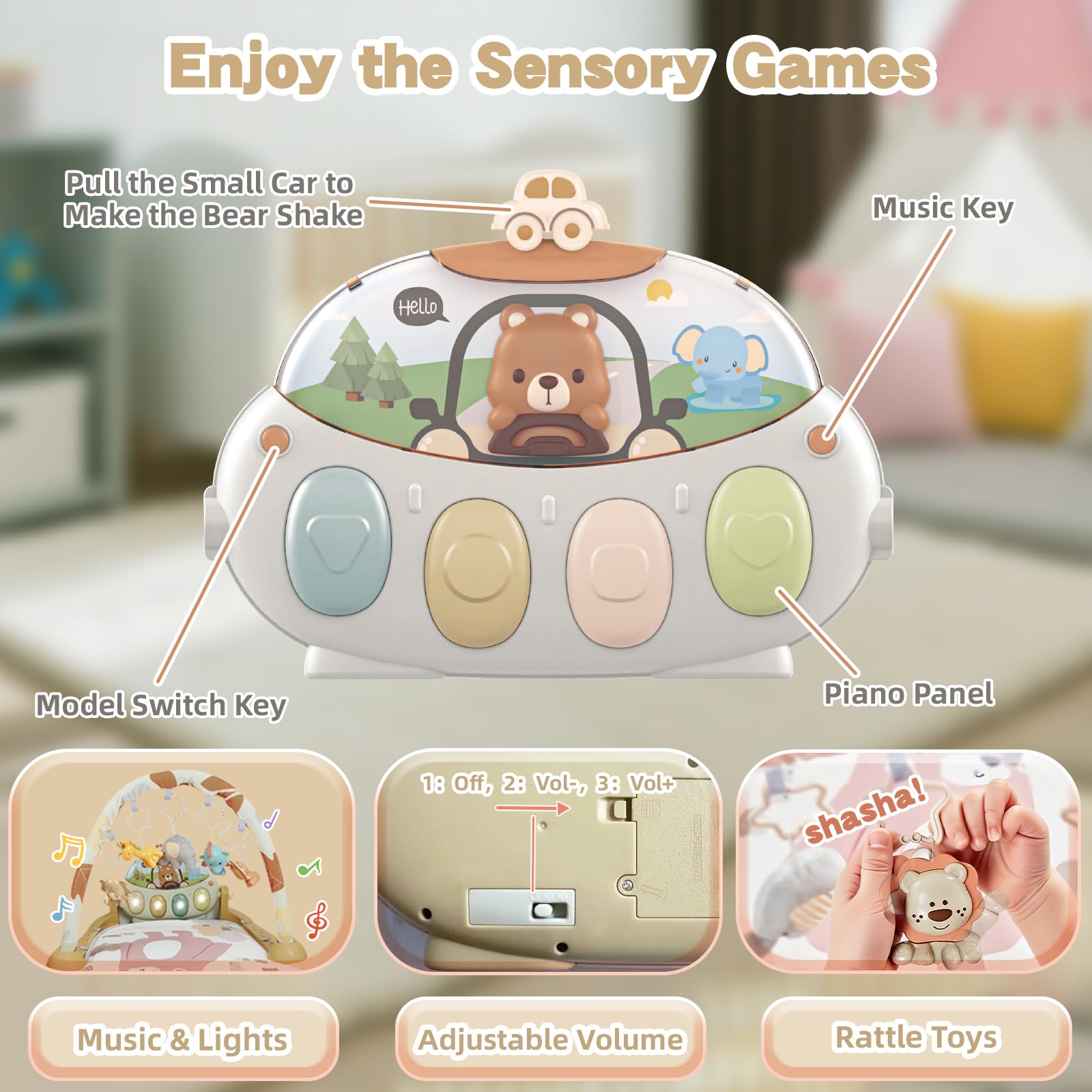Gimnasio Bebé Montessori 0-6 Meses, Manta Juegos Bebe con Musical de Piano Ajustable y Sonajero, Tapete de Actividades para Caminar, Juguetes Alfombra Sensorial Bebé 6-12 Meses (Marrón)