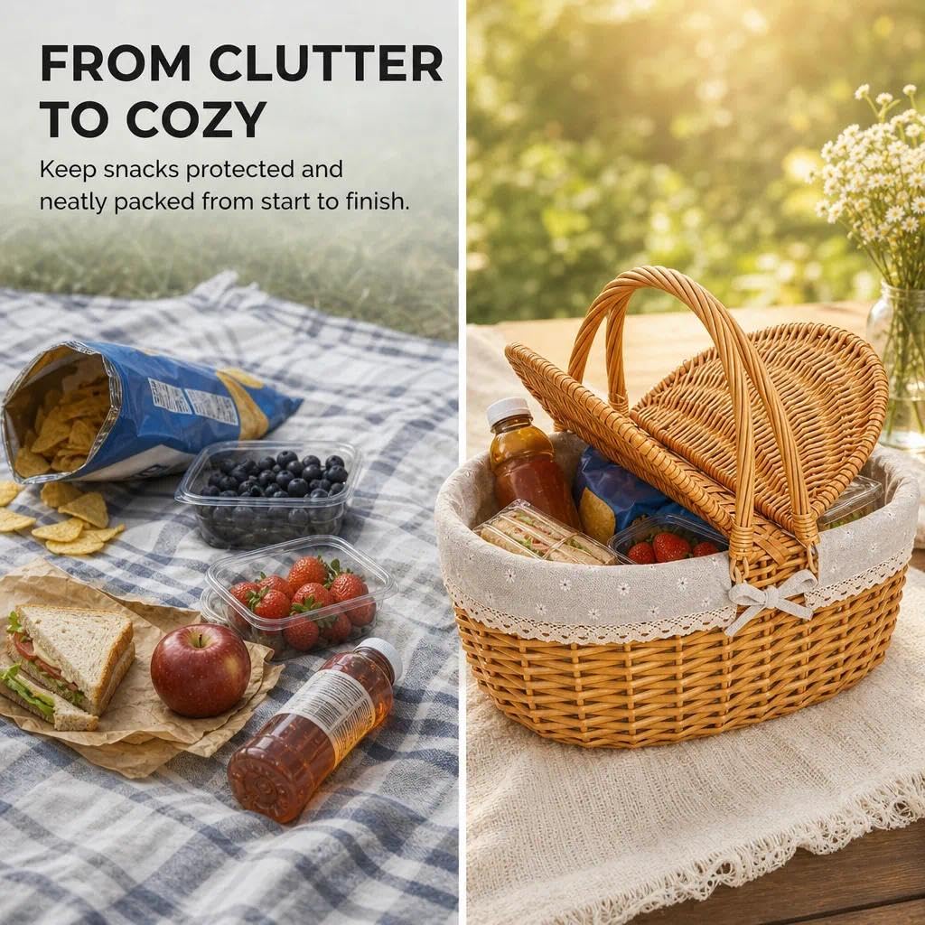 Panier de pique-nique en osier avec couvercle - Panier à provisions tressé avec poignée et doublure - Panier à champignons - Panier en osier pour le camping, les pique-niques, la cueillette et les