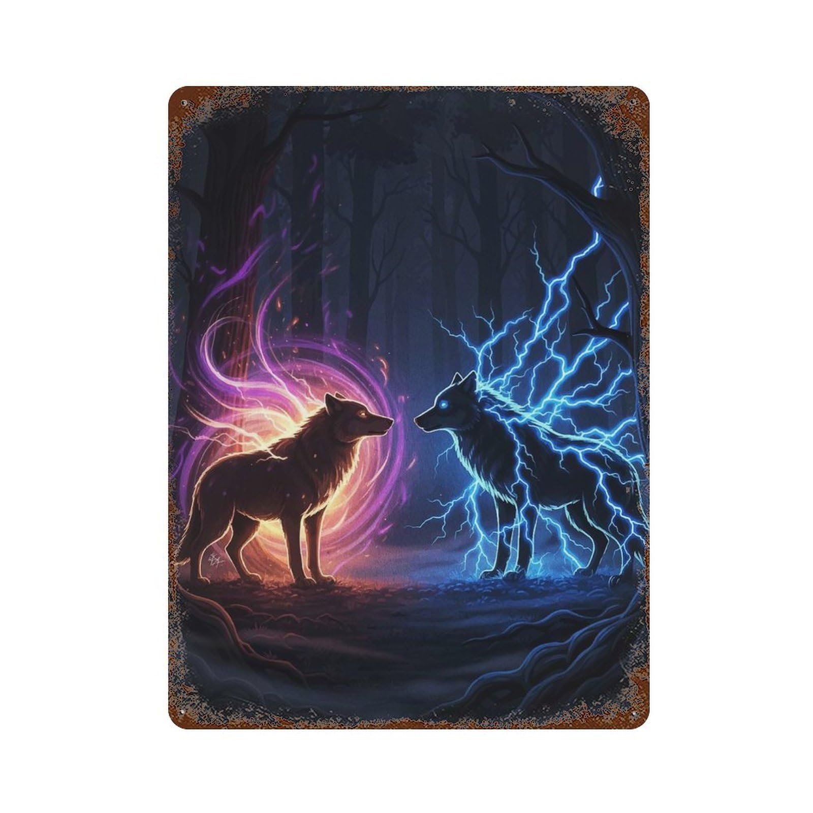 Elemental Wolves in Dark Forest 15.7"x11.8" Weathered Tin Sign, Shabby Chic Decor for Farmhouse, Kitchen And Entryway Decor
