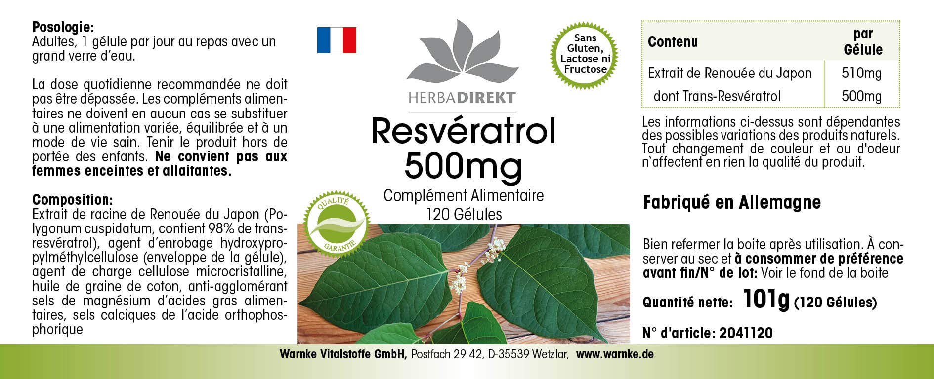 Resvératrol 500mg - extrait de la racine renouée du Japon - polygonum cuspidatum - hautement dosé - végan - 120 gélules | Herba Direkt - Qualité des pharmacies allemandes