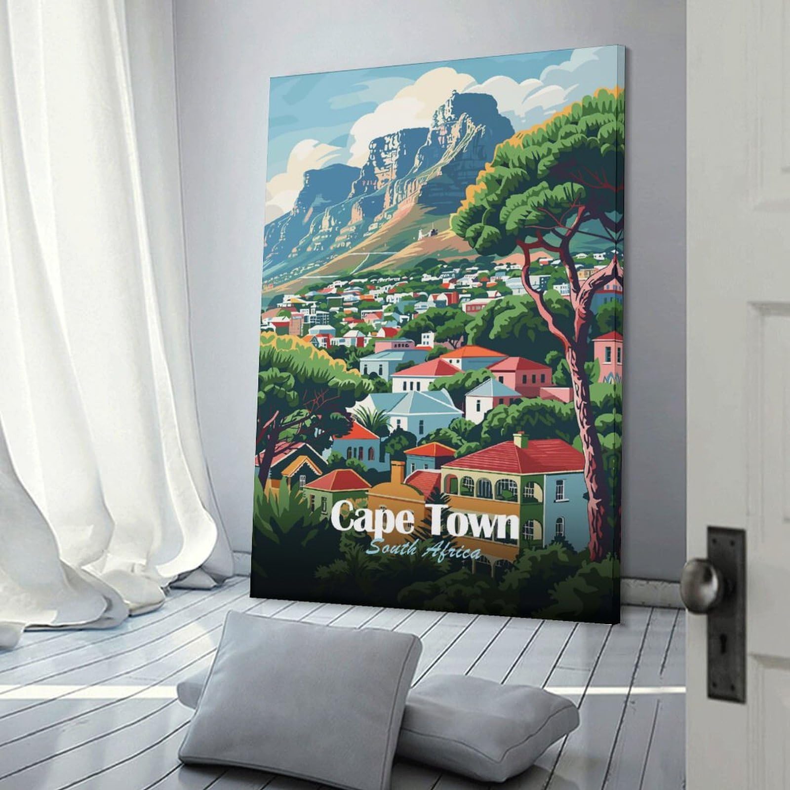 Junmoney Wall Decor Canvas Print Cape Town, South Africa Illustration, 24x36inch(60x90cm), for Bedroom Walls, Guest Spaces Or Lounges, An Easy Wall Refresh for Bedrooms