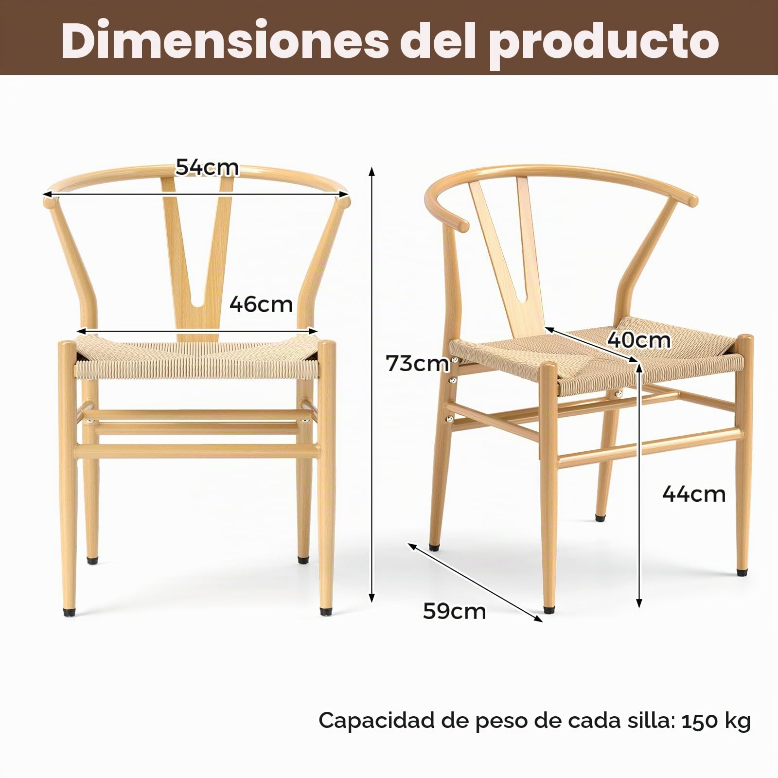 HOMASIS - Juego de 2 sillas de cocina, sillón de salón con respaldo en Y, asiento de cuerda trenzada, apoyabrazos, conjunto de 2 sillas marco de metal carga 150 kg para comedor, oficina (natural)
