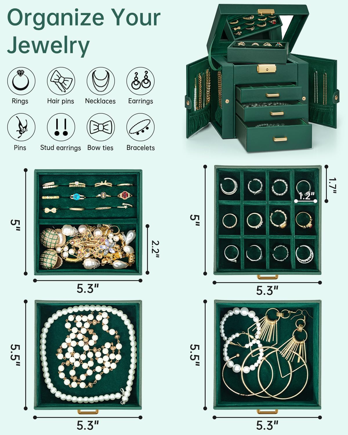 AKOZLIN 4-Tier Jewelry Box Leather Jewelry Storage Organizer with 3 Drawers Lockable for Women Girls Ring Necklace Earring Bracelet Holder with Mirror Forest Green - Image 3