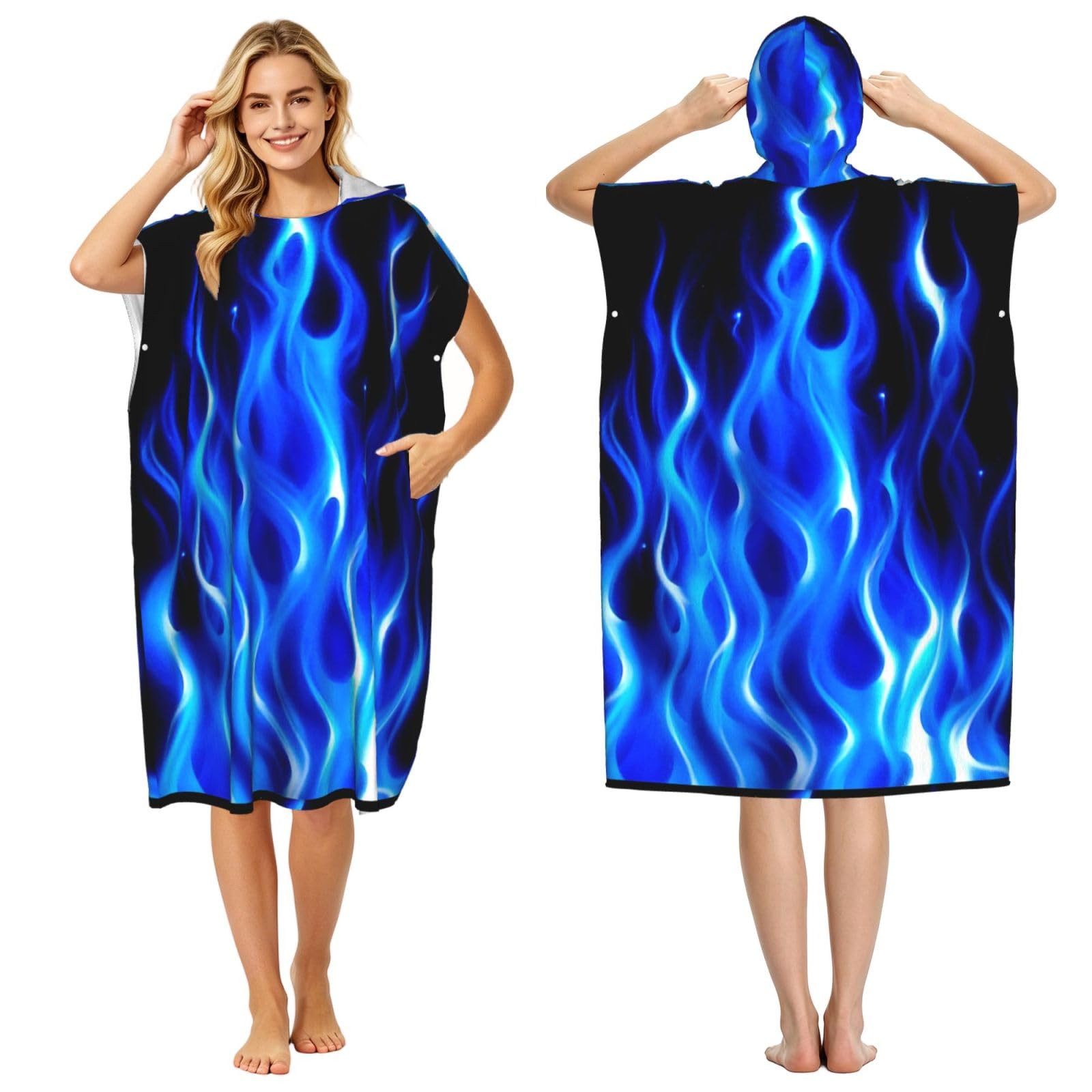 Poadnly The Blue Flame, Adult Hooded Beach Towel 90 x 110 cm,Changing Bath Robe, Surf Poncho Towel For Women Men