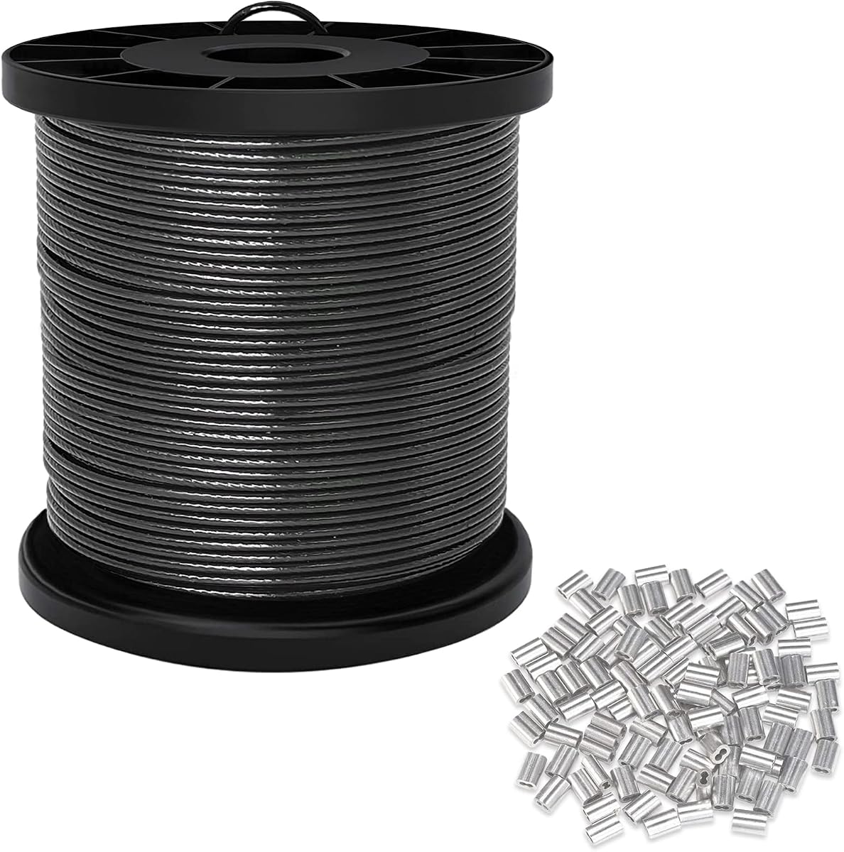 304 Stainless Steel Wire Cable, 1/16" Bare OD, 0.078" Black Vinyl-Coated OD, 164 FT Outdoor Light Guide Wire with 100Pcs Crimping Sleeves, Globe String Lights Hanging Kit for Patio, Garden
