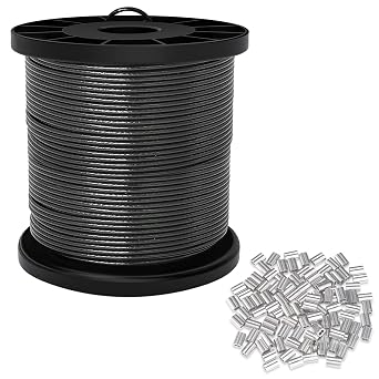 304 Stainless Steel Wire Cable, 1/16" Bare OD, 0.078" Black Vinyl-Coated OD, 164 FT Outdoor Light Guide Wire with 100Pcs Crimping Sleeves, Globe String Lights Hanging Kit for Patio, Garden