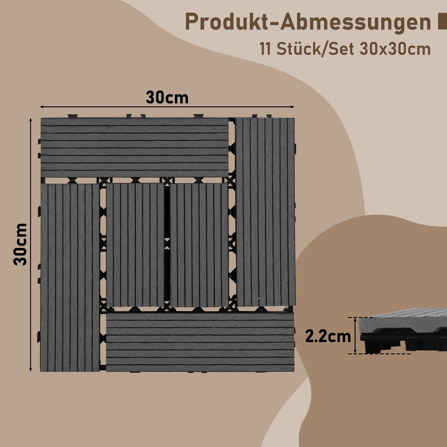 55er Pack WPC Terrassenfliese, Anthrazit Balkonfliesen 30x30cm - 5m², Ideal für den Außenbereich Klickfliesen für Balkon, Garten, Terrasse, Bodenbelag Einfach, Schnell und Praktisch Verlegt