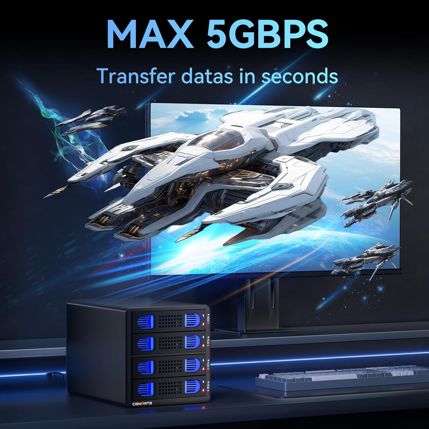 Image depicting fast data transfer speeds up to 5Gbps with the CENMATE enclosure.