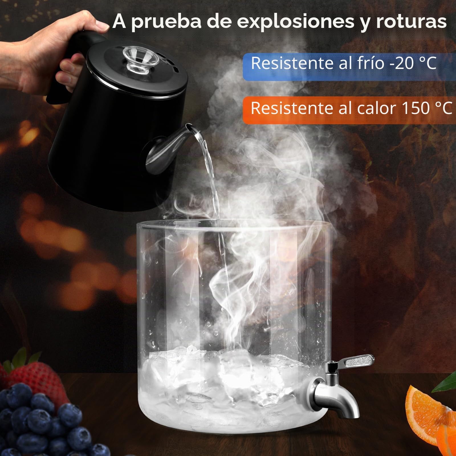 Hisredsun Dispensador de bebidas heladas o calientes de 5 litros con grifo de acero inoxidable | Apto para lavavajillas e incluye soporte de bambú, vidrio de borosilicato grueso que soporta -20 °C a 150 °C
