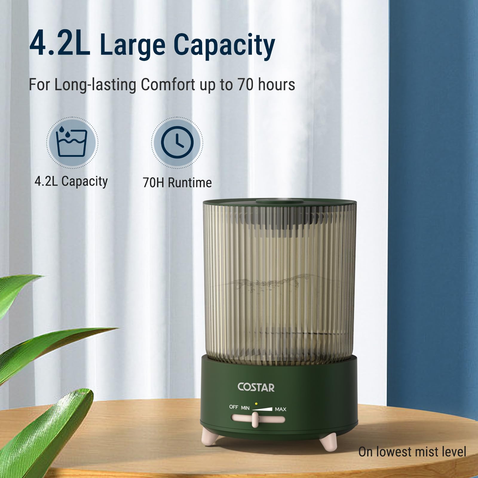 COSTAR Humidifier for Room Moisture, Whisper-Quiet 4.2 Litres Cool Mist Ultrasonic Humidifier with Large Capacity Water Tank Humidity, Top Fill, Auto-Shut off, Cold & Cough Relief (Green) 3