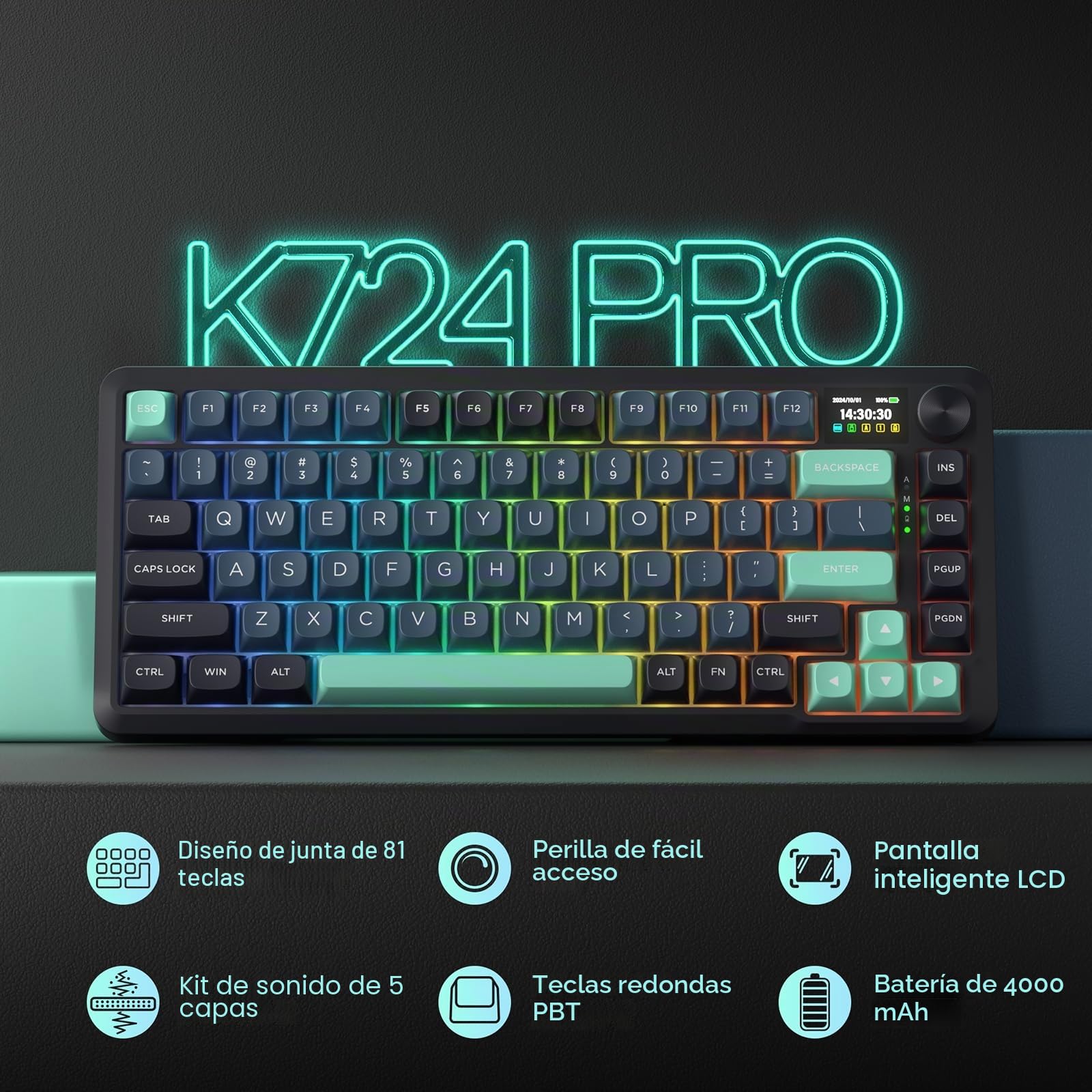 Redragon K724 Pro Teclado Gaming Gasket Inalámbrico Pantalla TFT 80% | Pantalla TFT 1,14 Pulgadas Perilla Control 5 Capas Atenuación Ruido Mecánico US Layout