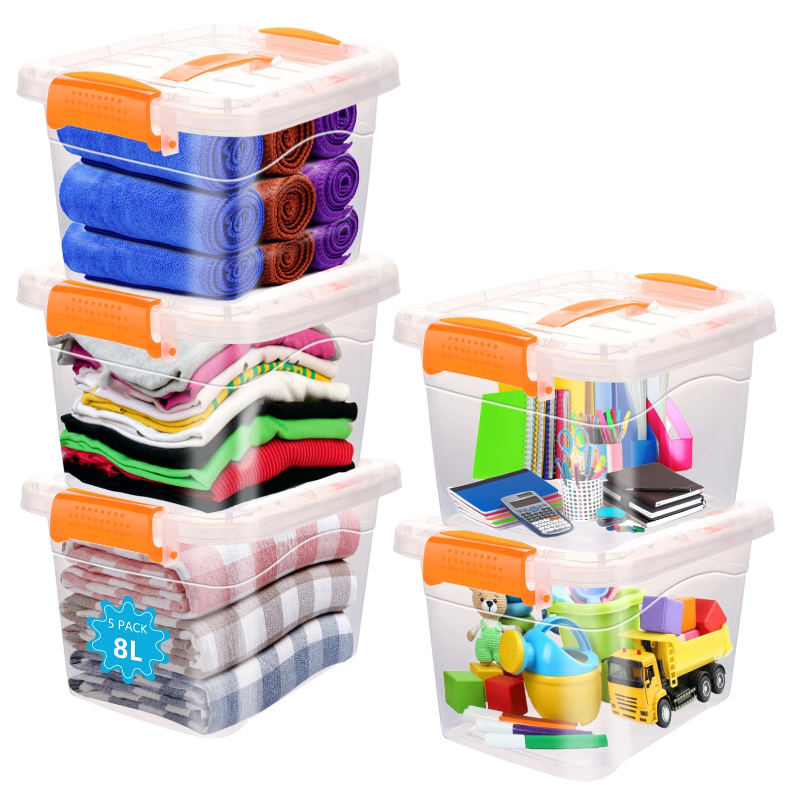 5 unidades de 8 litros de almacenamiento con tapa, 29 x 21 x 17 cm, cajas apilables con asa, caja de plástico transparente, organizador de plástico con clips para juguetes, libros,