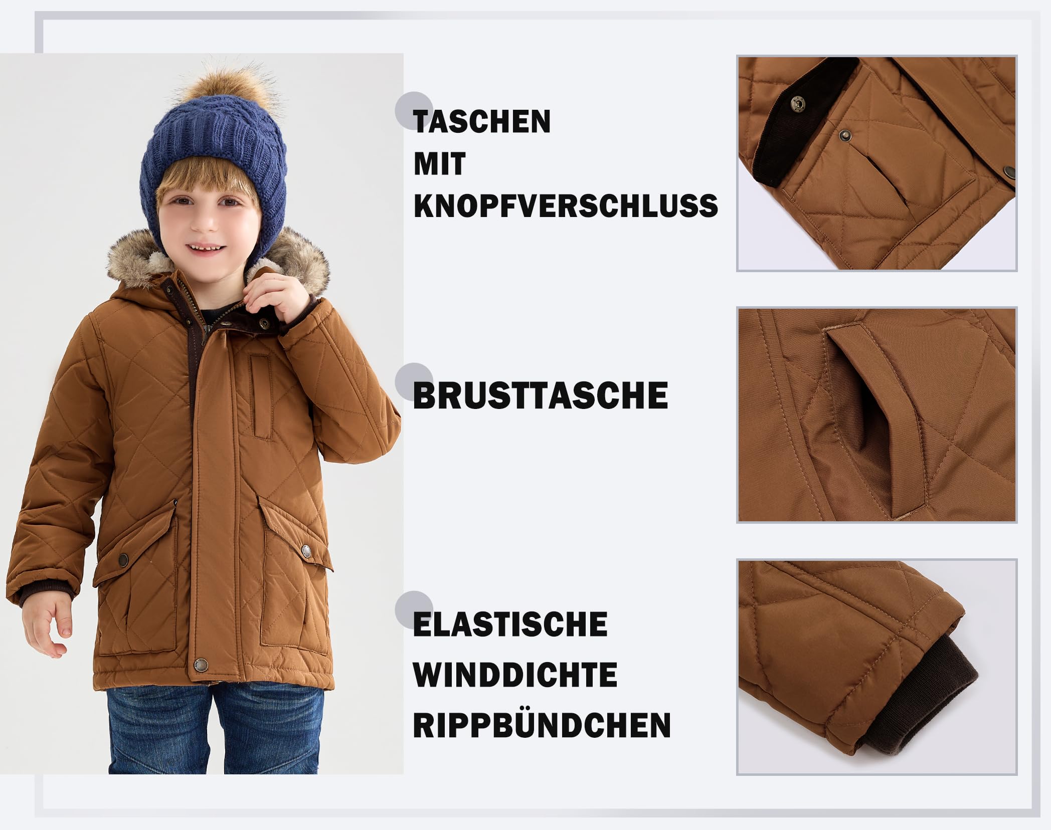 maoo garden Kleinkind Jungen Sherpa gefütterte Winterjacke 3-7 Jahre Kleine Kinder Geschwollene Fellkapuze Wasserabweisender Mantel