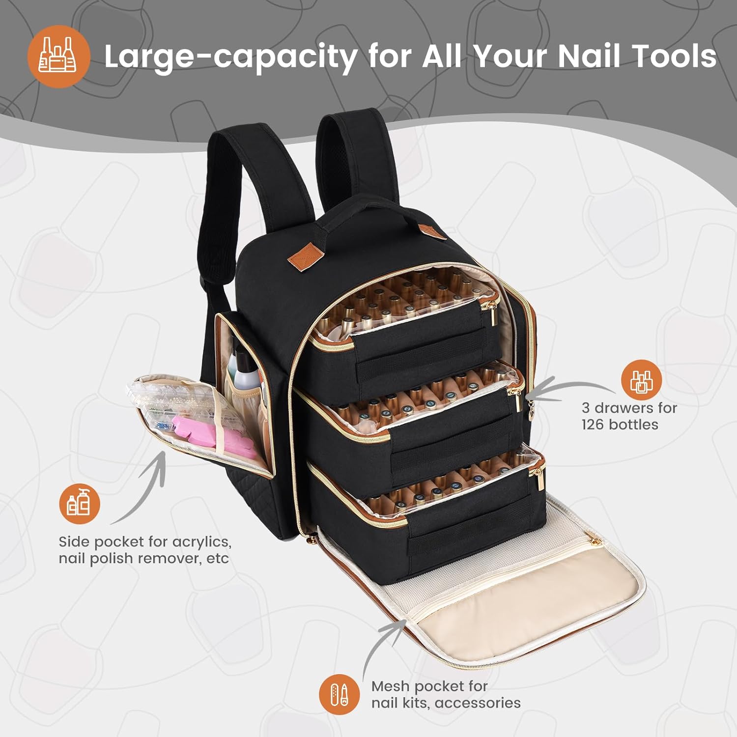 Hautton Nail Polish Organizer Holds 126 Bottles, Extra Large Storage Bag with 3 Removable Drawers, Professional Nail Supplies Travel Carrying Case for Nail Tech Manicurist -Black