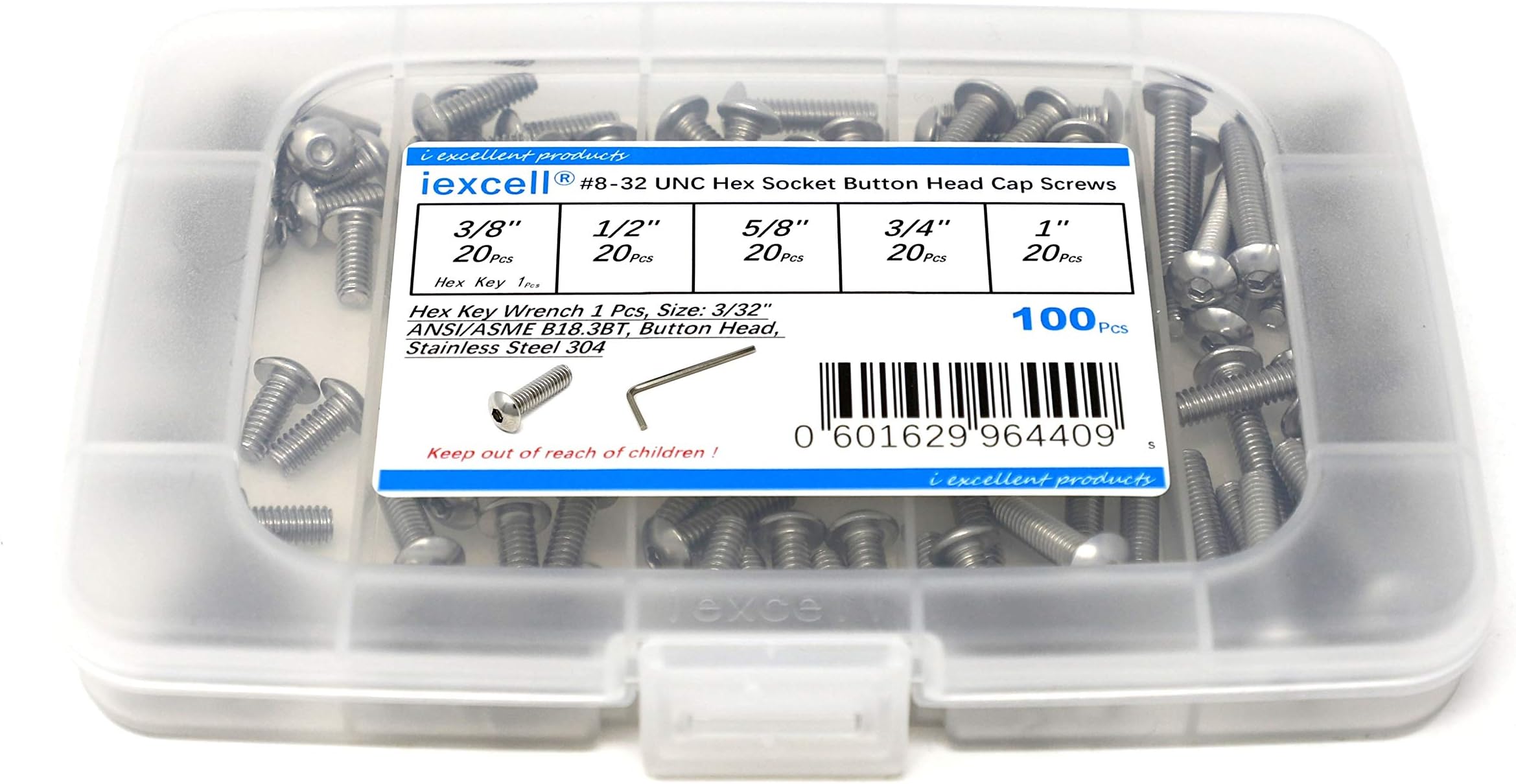 iexcell100 Pcs #8-32 x 3/8" 1/2" 5/8" 3/4" 1" Stainless Steel 304 Hex Socket Button Head Cap Screws Bolts Assortment Kit