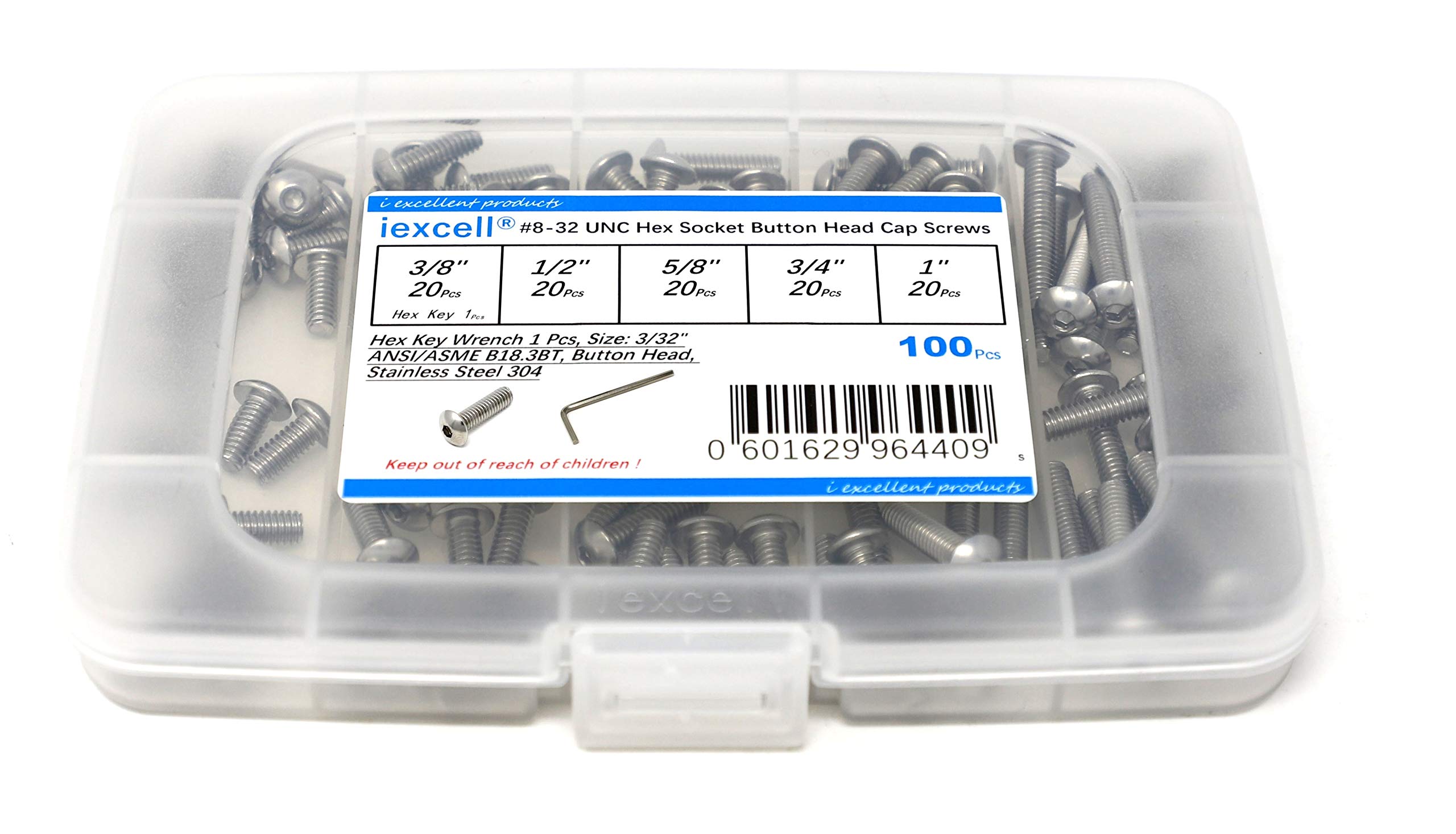 iexcell100 Pcs #8-32 x 3/8" 1/2" 5/8" 3/4" 1" Stainless Steel 304 Hex Socket Button Head Cap Screws Bolts Assortment Kit