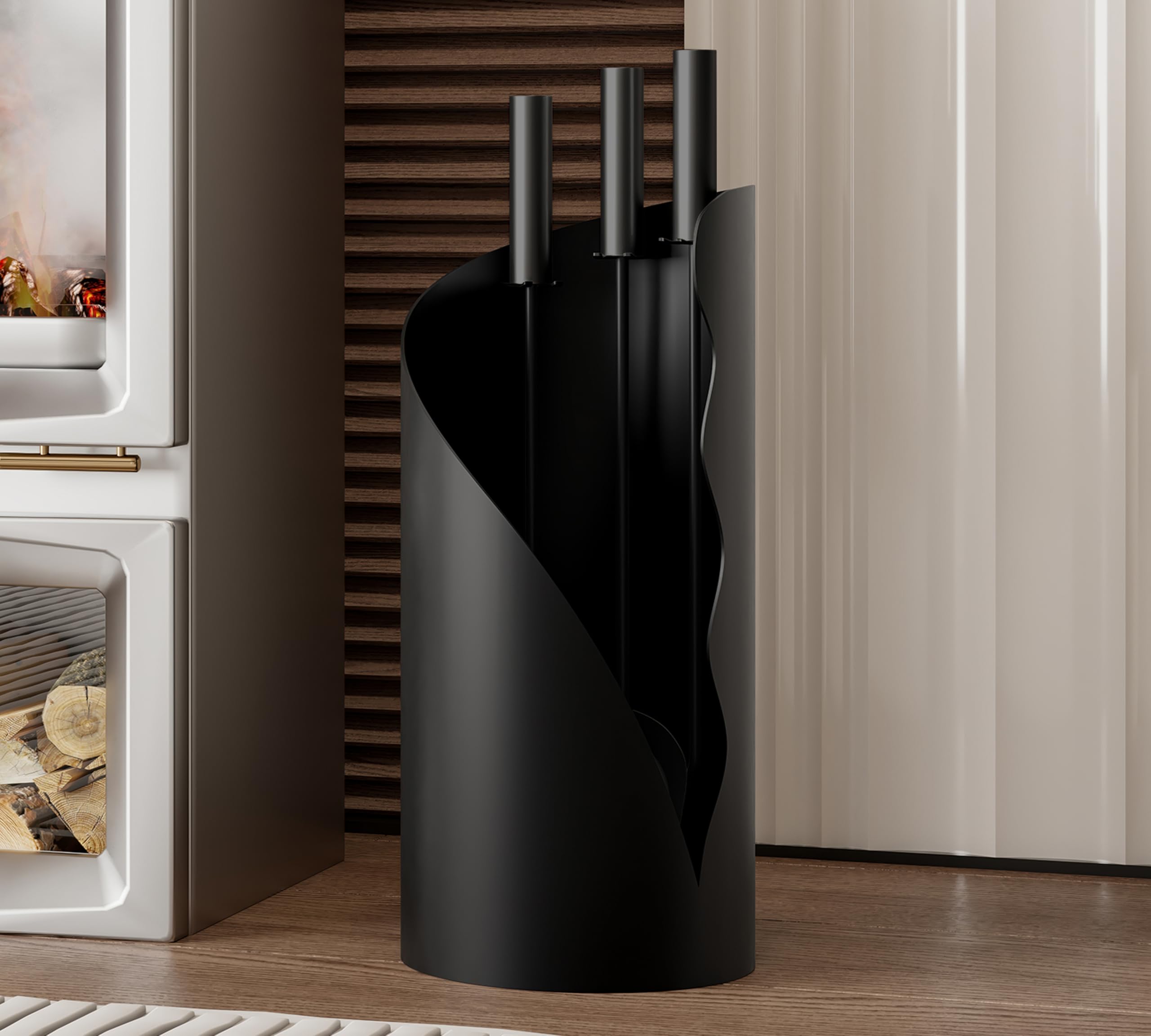 Kingson Juego Moderno de Accesorios para Chimenea con Soporte - 3 Herramientas, Altura de 52,5 cm, Base Cilíndrica de 18 cm, Mangos de Acero Inoxidable Negro - Accesorios para Chimenea, Estufa de Leña