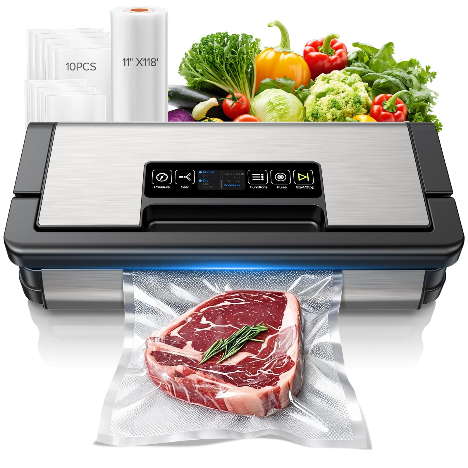 95kPa Vacuum Sealer Machine, Fully Automatic Food Sealer, Touch Display, 10-in-1 Functions & Powerful Sealing System with Double Heat Seal, Easy-Lock Handle, Built-in Cutter(Deep Gray)