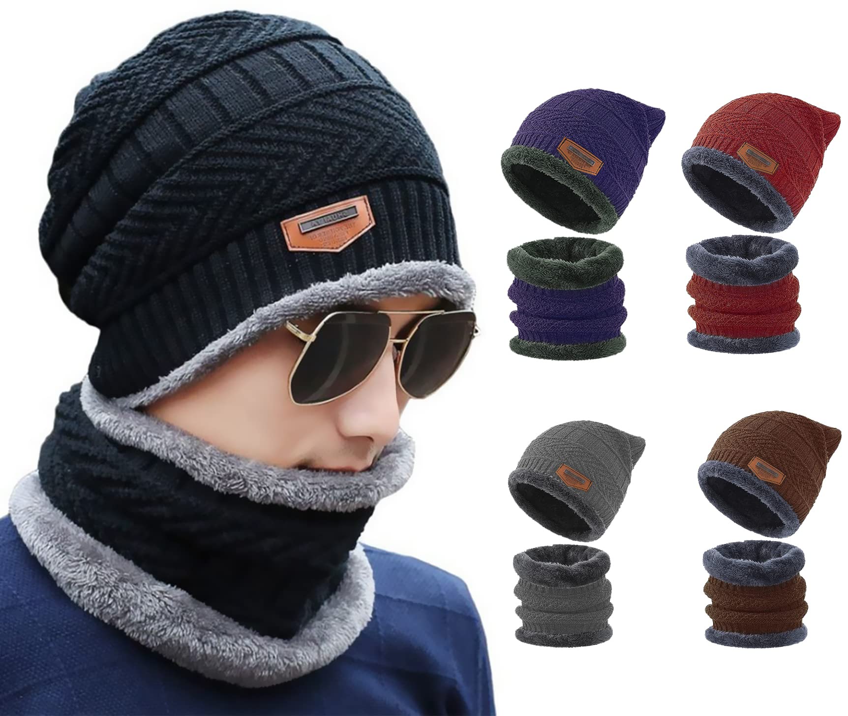 Winter Warm 3 in 1 Beanie Hat Scarf Gloves Set, Knitted Hat Neck Warmers Touch Screen Gloves for Men & Women