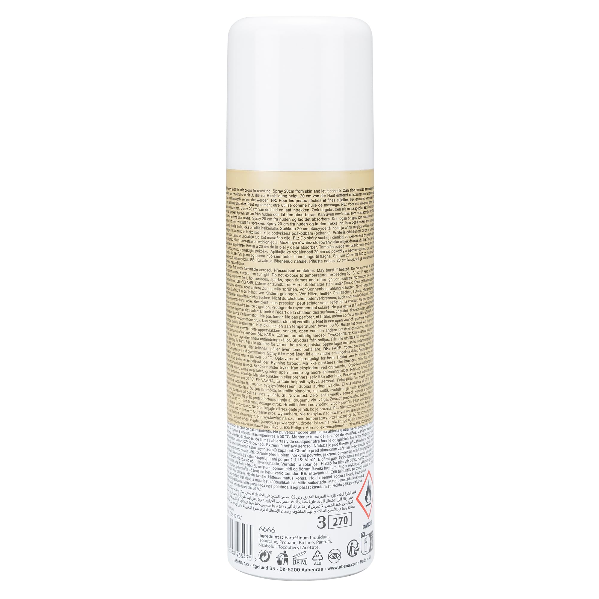 ABENA Spray de aceite corporal con vitamina E, aceite de masaje nutritivo y aceite para piel muy seca y sensible, para una sensación de piel más firme, vegano y dermatológicamente probado, 200 ml