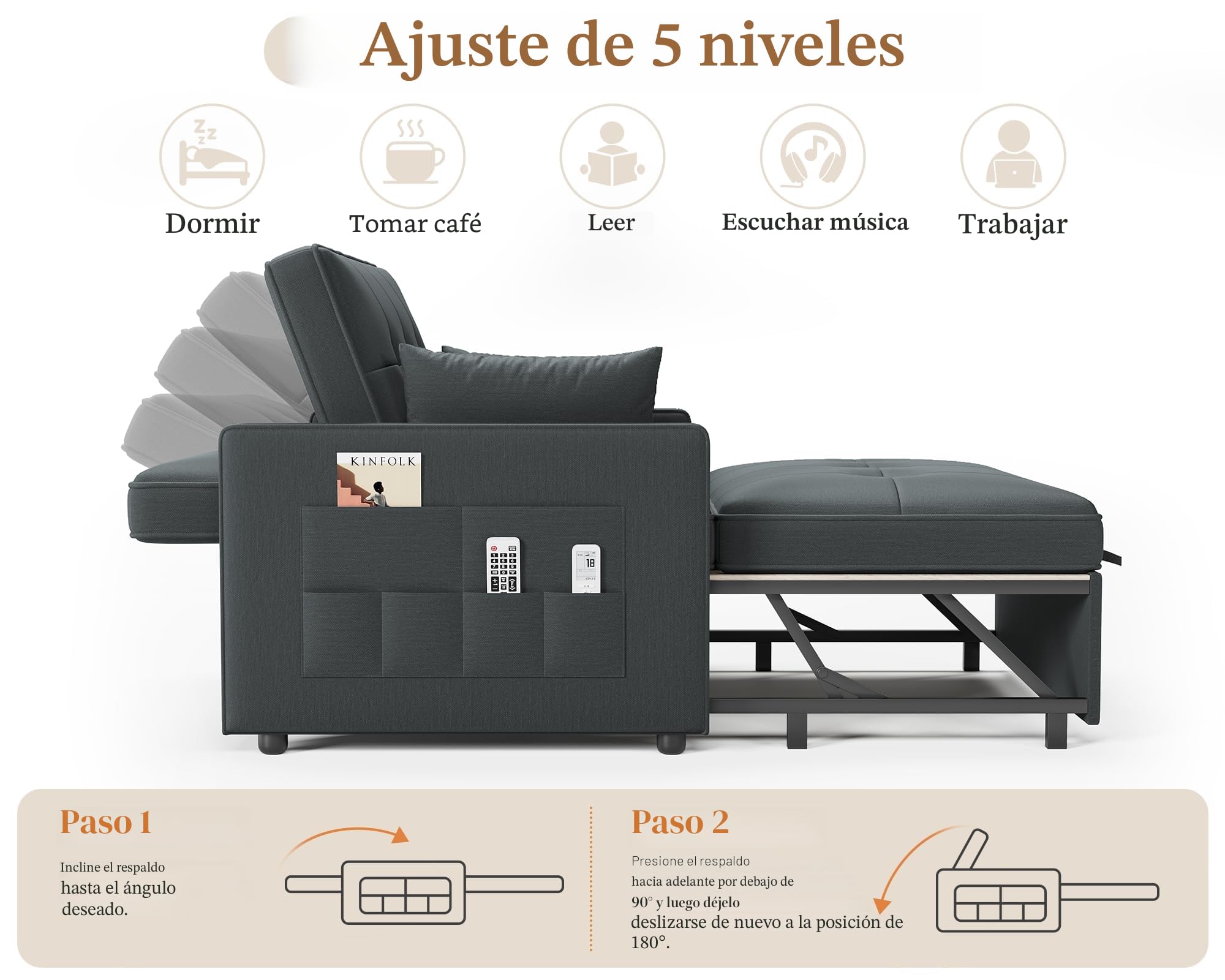 LUXOAK Sofá cama de 186 x 122 cm con respaldo ajustable de 5 niveles, sofá cama 3 en 1 con cojín y bolsillo lateral, sofá de lino gris para habitaciones de invitados y espacios pequeños