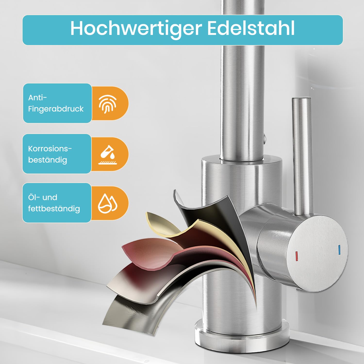 Rubinetto da bagno alto con piletta di scarico, spazzolato | Miscelatore monocomando girevole a 360°, rubinetto per lavandino in acciaio inox