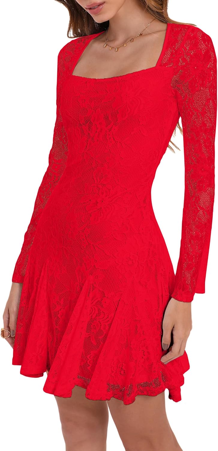 HYPERFIRE Women's Square Neck Floral Lace Mini Dress Flowy Short Dress Mesh Night Out Dresses Club Outfit - Image 5