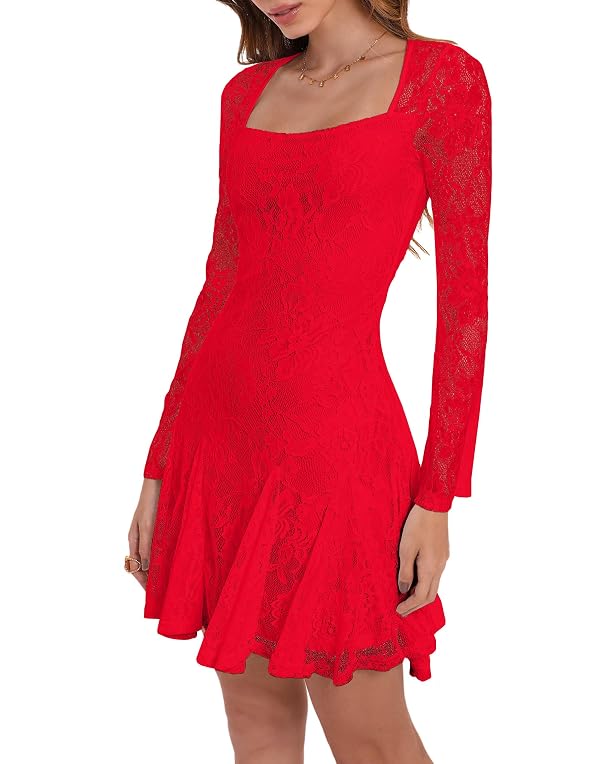HYPERFIRE Women's Square Neck Floral Lace Mini Dress Flowy Short Dress Mesh Night Out Dresses Club Outfit Red Large by HYPERFIRE - Used condition - Image 5
