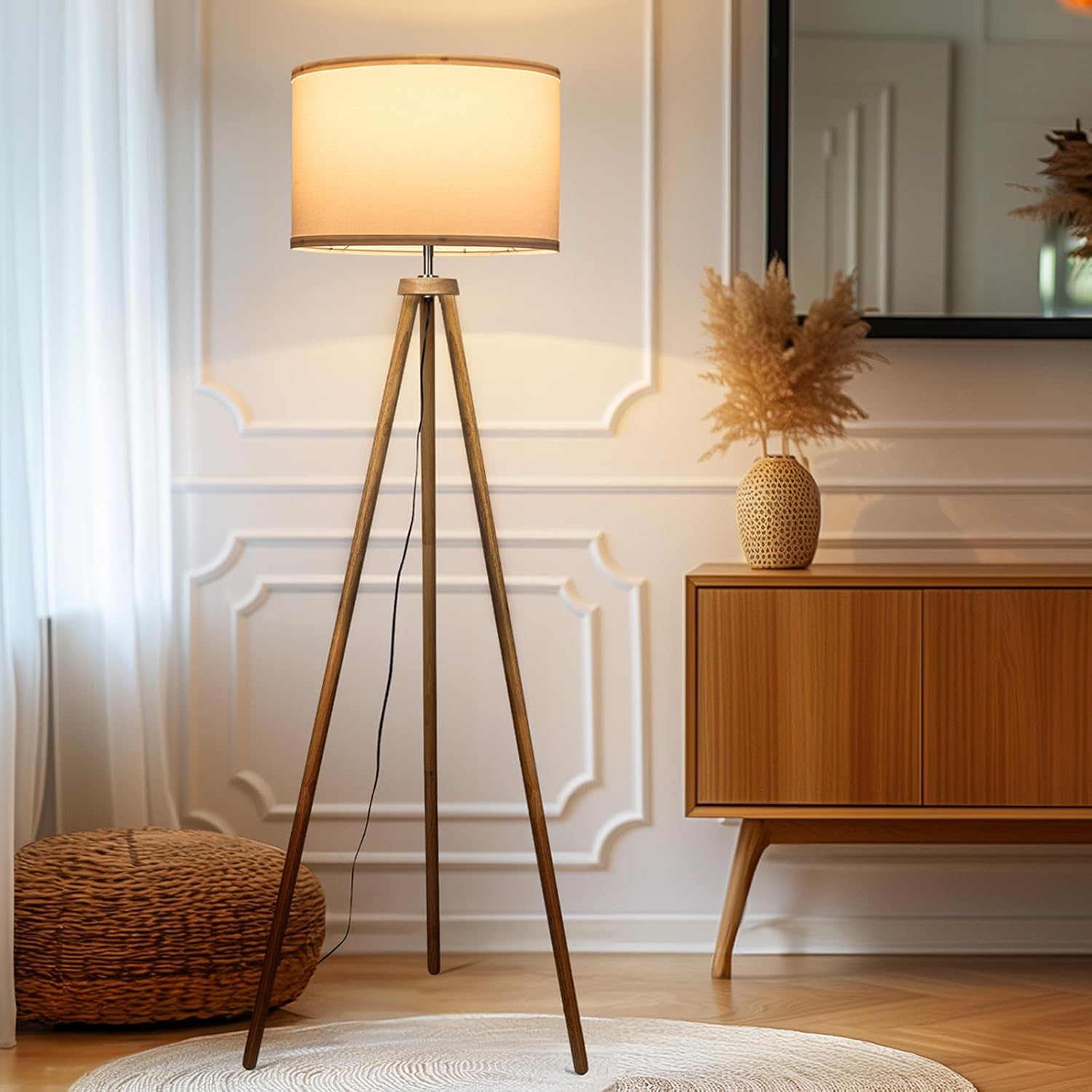 Tripod Floor Lamp with Linen Drum Lamp Shade, Wood Floor Lamp for Office, Mid Century Modern Standing Lamp for Bedroom, 61" Tall Lamp for Living Room Corner E26 Led Bulb Included