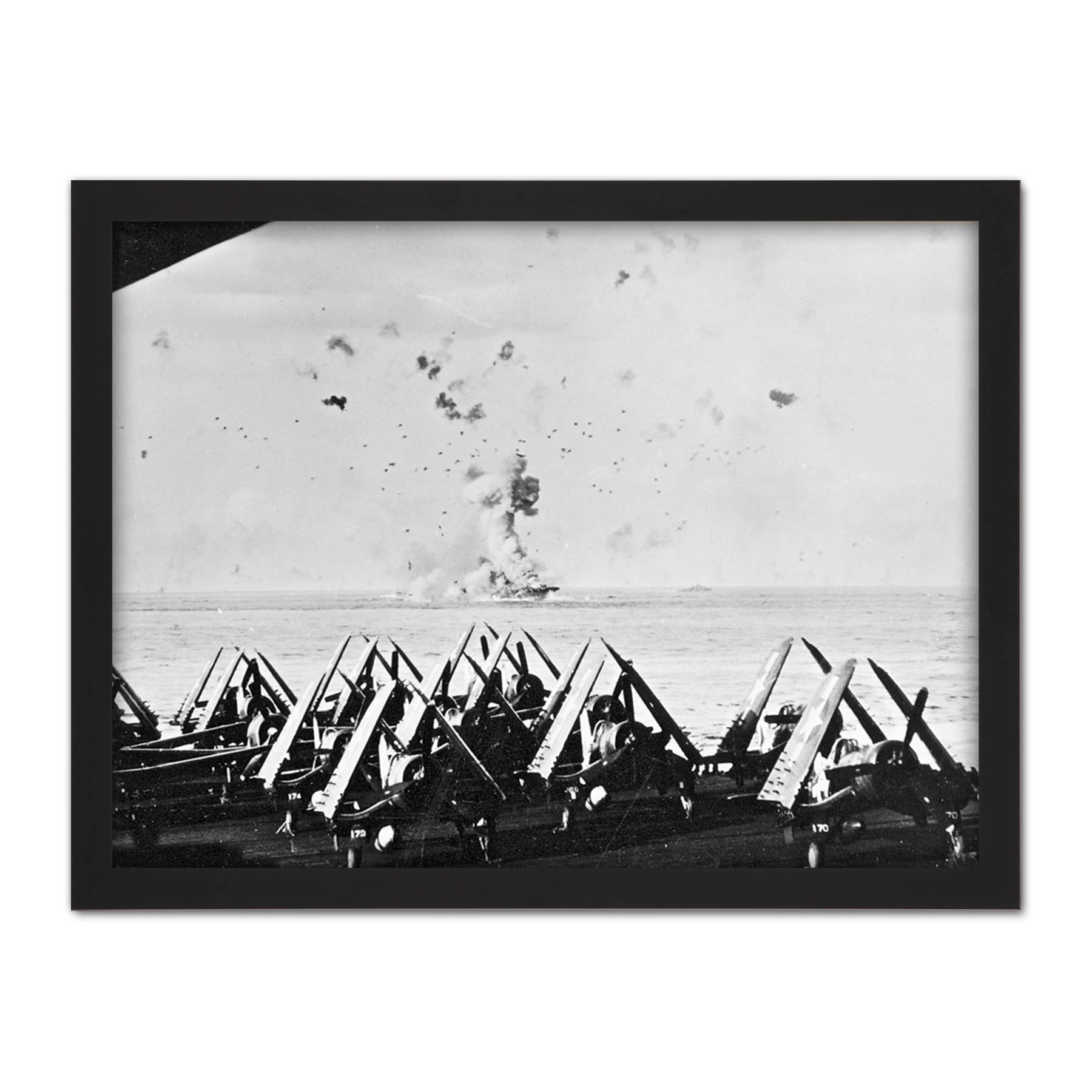 War WWII USA USS Enterprise Kamikaze Attack 1945 Photo Artwork Framed Wall Art Print 18X24 Inch