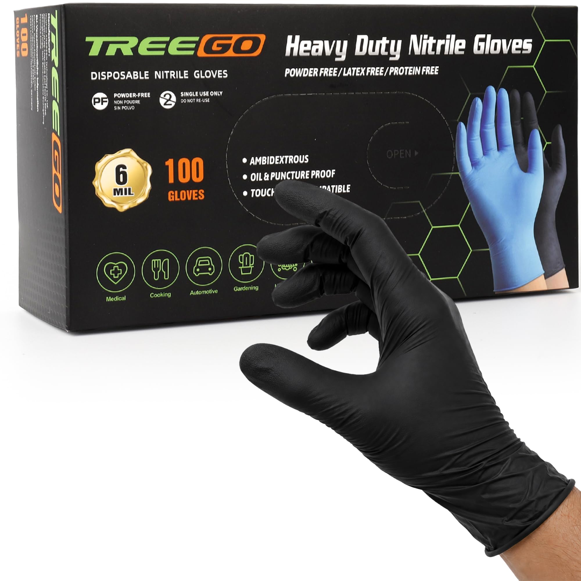 TREEGO Guantes de nitrilo negro de 6 mil, grandes, desechables, resistentes, sin látex ni polvo, resistentes a los químicos, agarre texturizado para manejo industrial, mecánico, de alimentos, 100