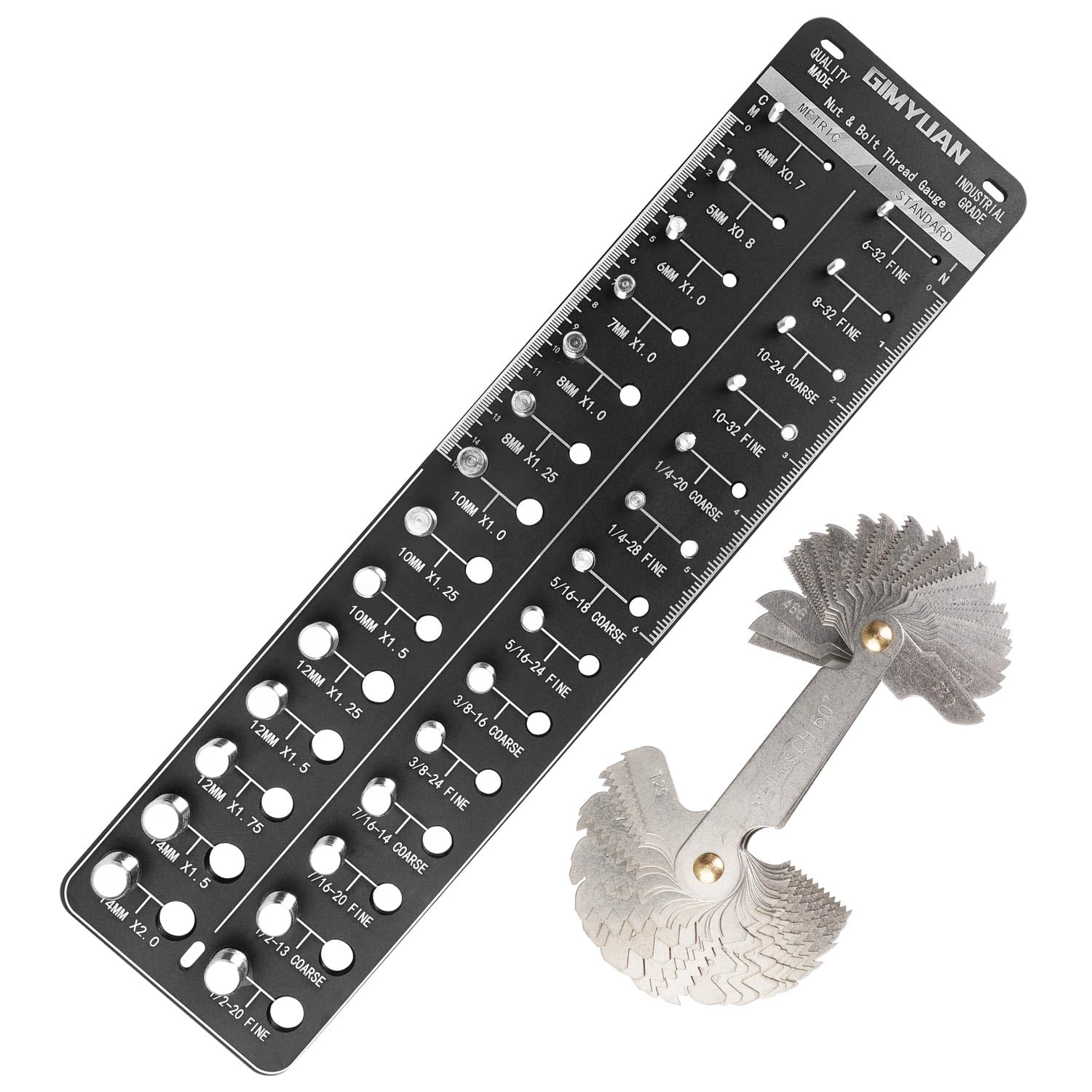 28-Size Nut & Bolt Thread Checker Gauge - 14 Metric & 14 Standard Sizes With Wall Mount Holes