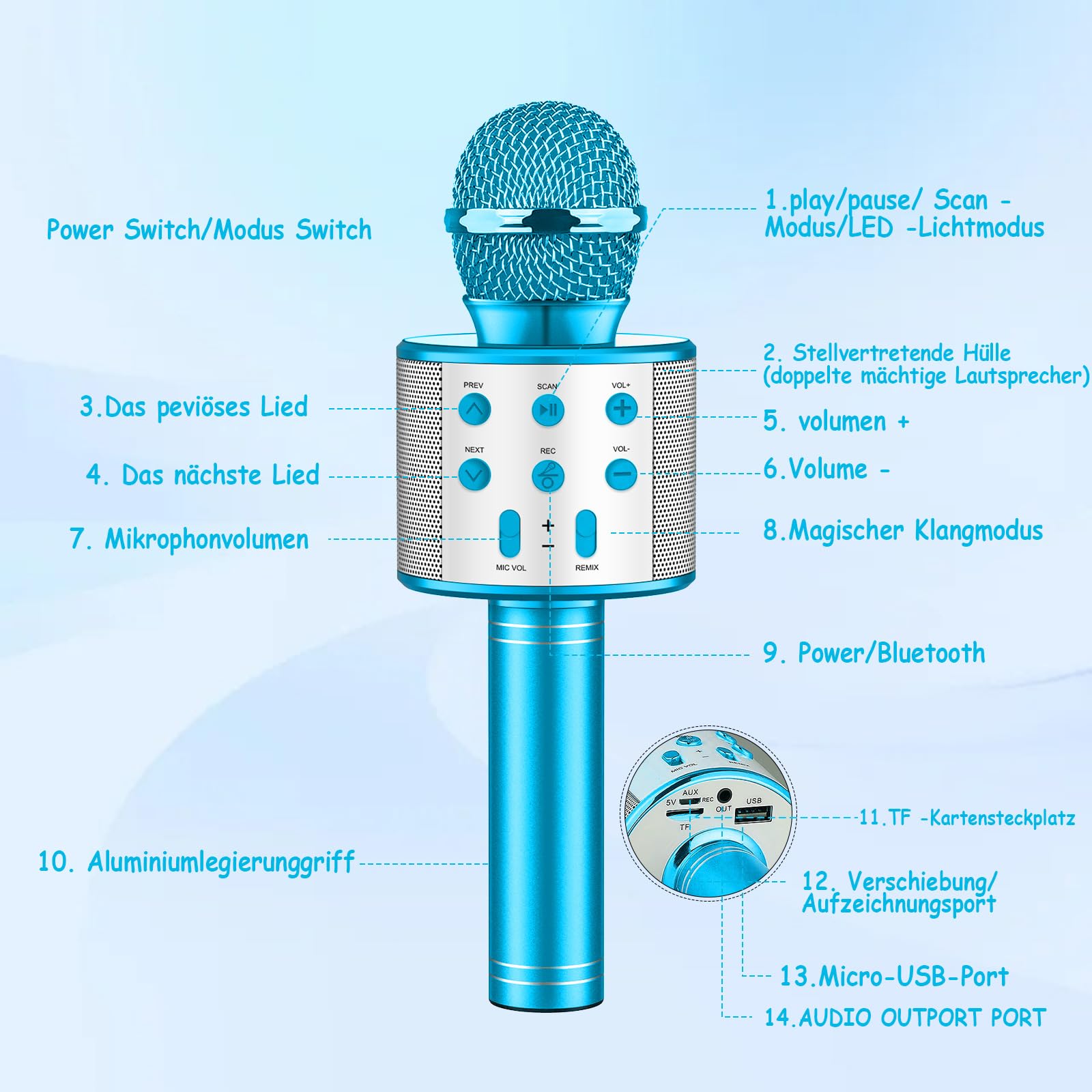 Micrófono Karaoke Bluetooth,Microfono Inalámbrico Karaoke con Altavoz y LED,Micrófono Portátil para Niños Canta Partido Musica,Dinámicos Juguetes para Niña,Soporte Youtube, Android/iOS/PC/A (Azul) — view 2