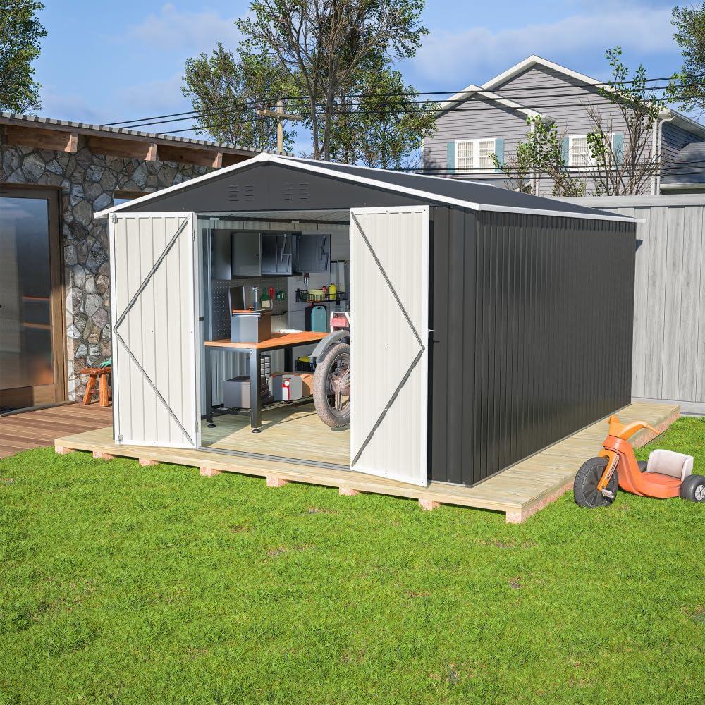 10x12 FT Outdoor Storage Shed, Large Metal Utility Garden Shed with Lockable Doors & Reinforced Frame for Backyard, Patio, Lawn Tools, Black