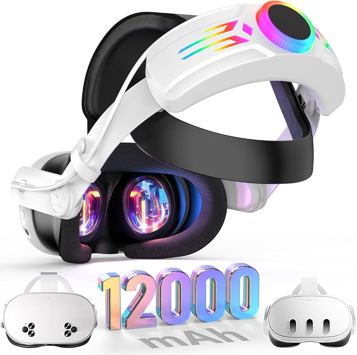 BROKELIT Correa para la cabeza RGB con batería para Meta Quest 3S/Quest 3, paquete de batería de 12000 mAh para 8 horas de tiempo de reproducción extendido, potencia de realidad virtual de carga rápida, correa Elite ajustable, soporte mejorado y equilibrio en realidad virtual