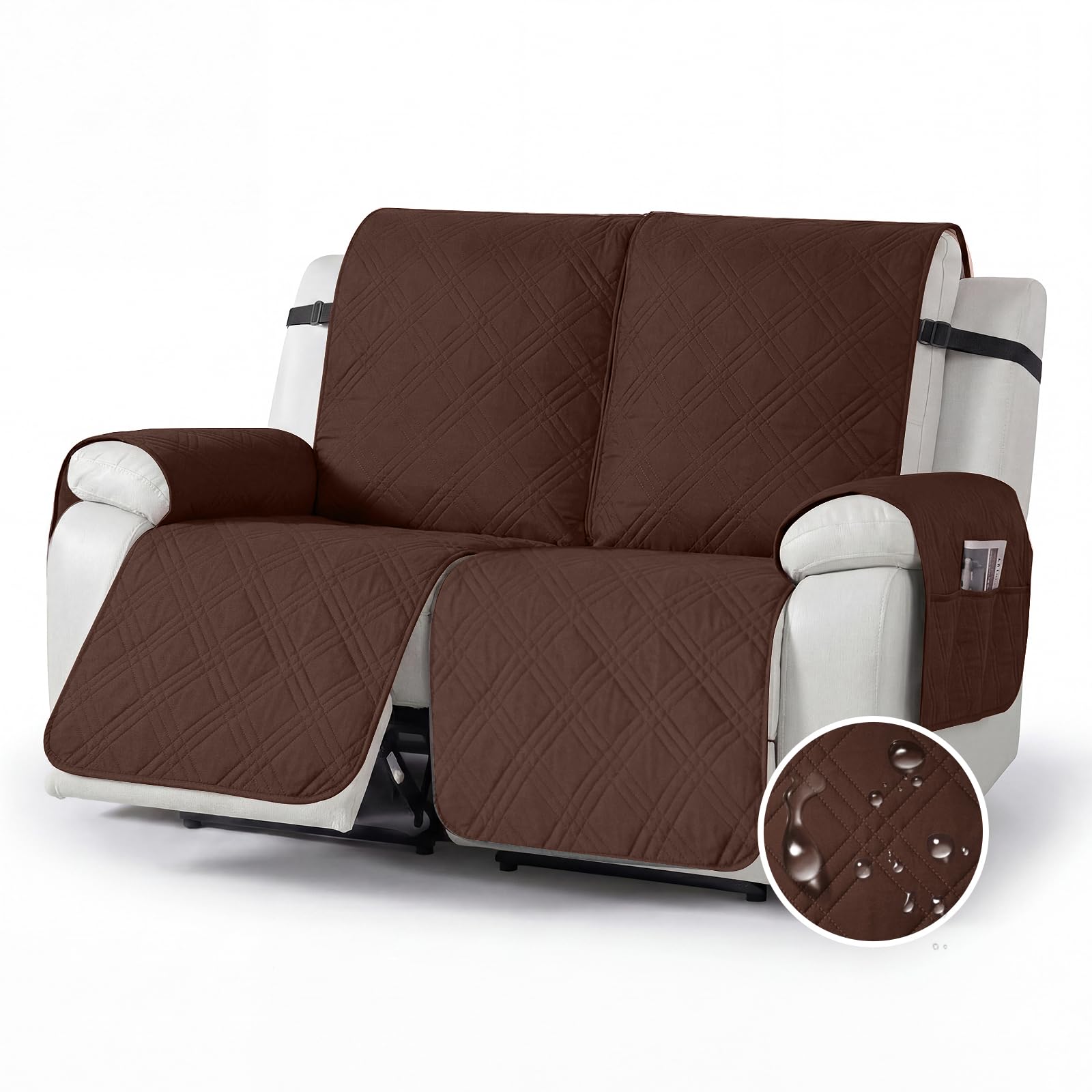 YushengTai Armchair Covers, 100% Waterproof, Anti-Slip, 2 Seater Recliner Chair Cover, Chair Covers for Armchairs with 4 Pockets, 2 Adjustable Straps (Brown)