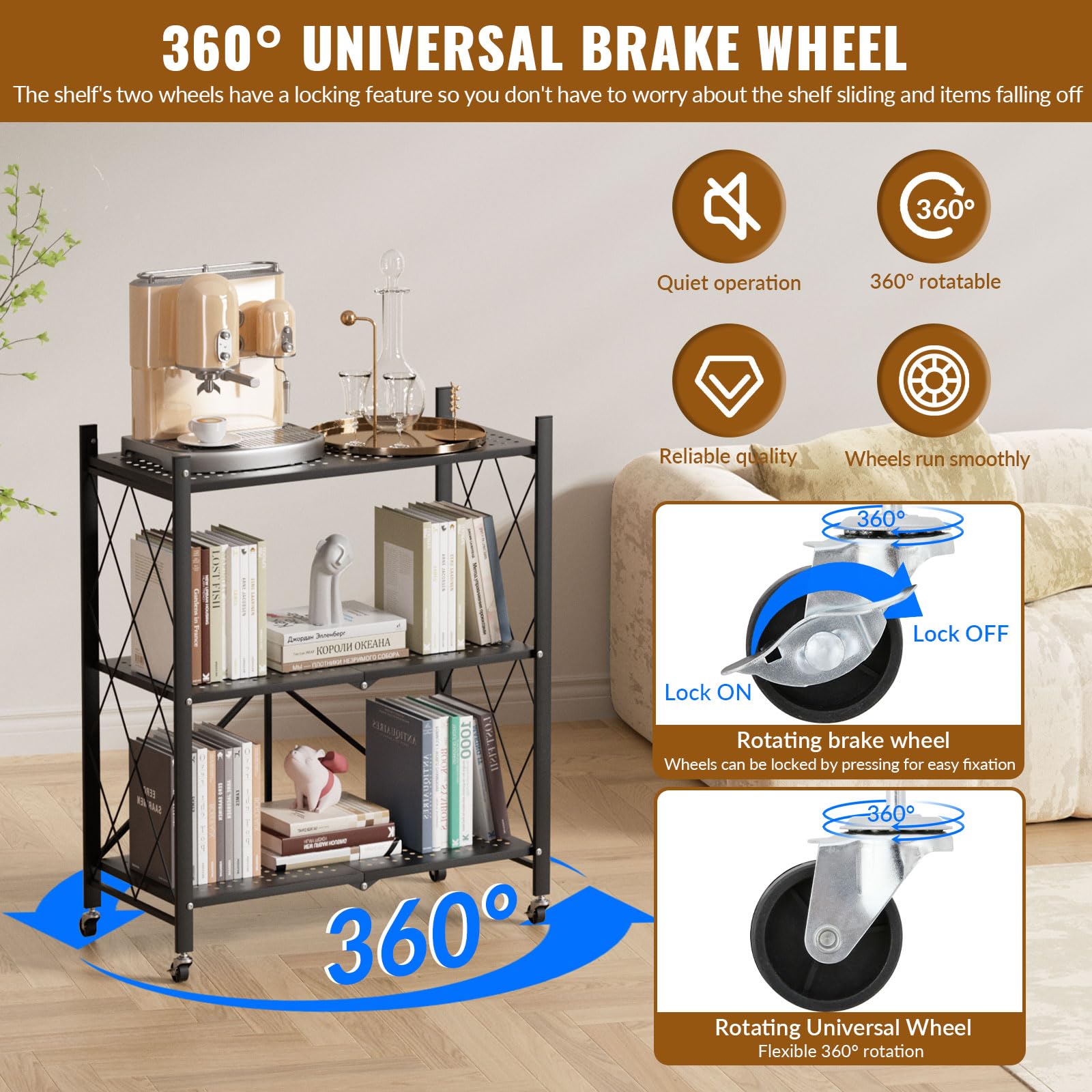 VELPAX Pieghevole Scaffali in Metallo con Ruote,3 Piano Ripiano Scaffale con Ruote,Soggiorno con 3 Ripiani,gehören Camera da Letto,caffale Pieghevole,Mobili per Cucina